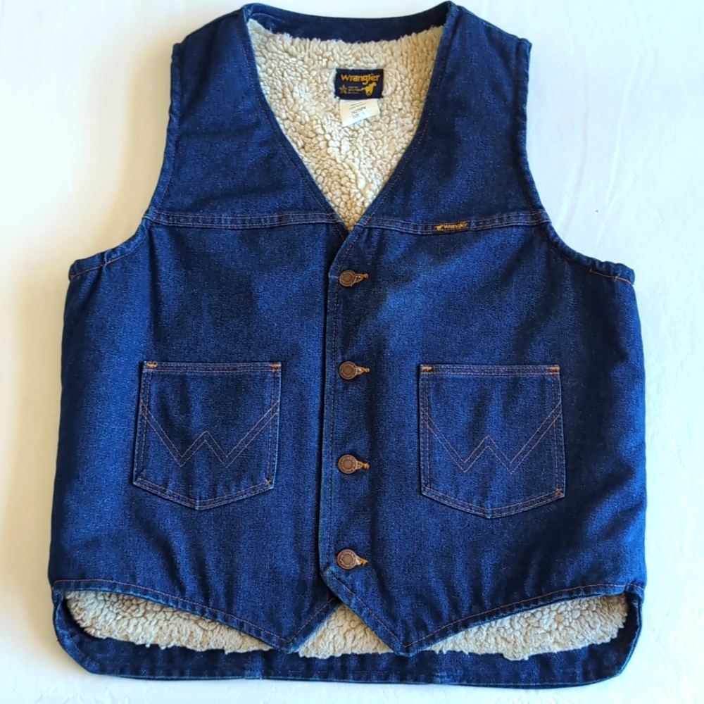 Vintage Wrangler Denim Sherpa Lined Western Cowboy Vest Men's Size Large